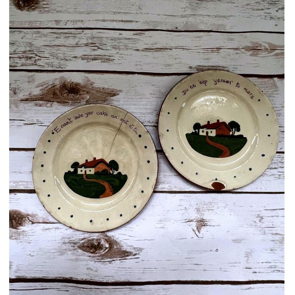 Dartmouth Pottery Motto Ware Plates Brown Cottage Polka Dot Set of 2 6in